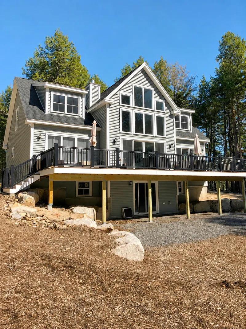 Exterior view of Summers Landing lakefront house with large deck
